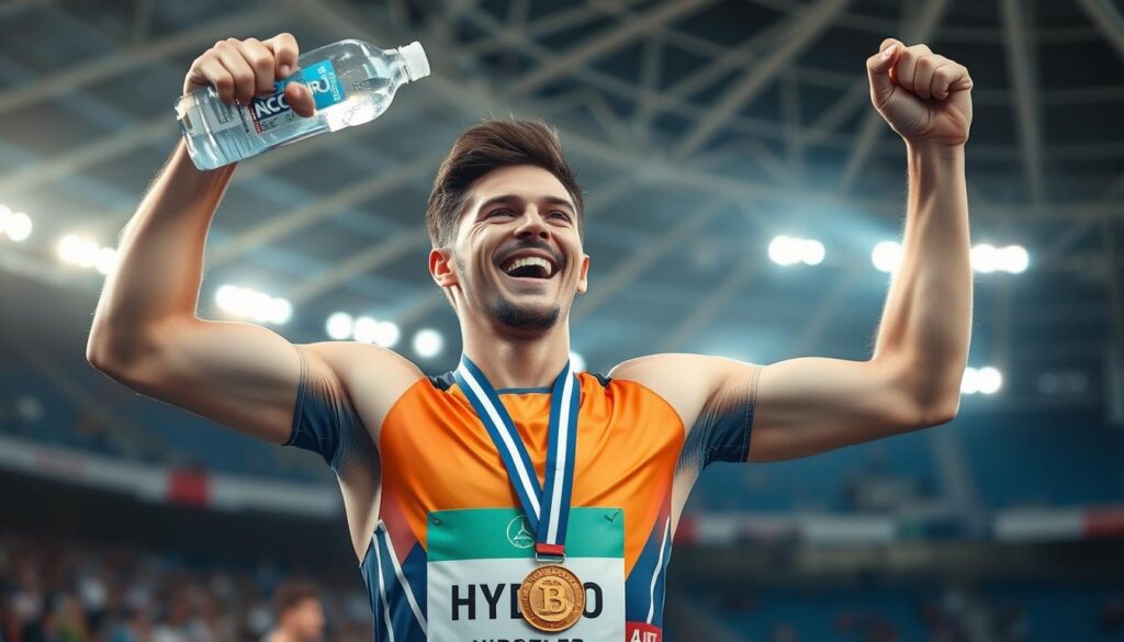 Athlete celebrating with hydrogen water bottle after successful competition Athlete celebrating with hydrogen water bottle after successful competition