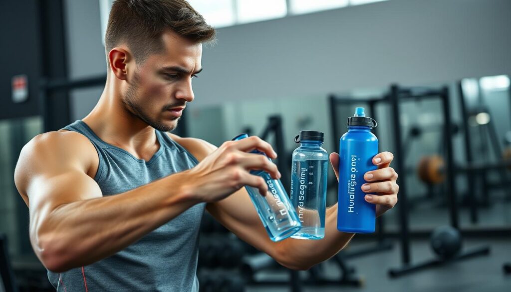 Athlete comparing different hydrogen water bottles during training Athlete comparing different hydrogen water bottles during training