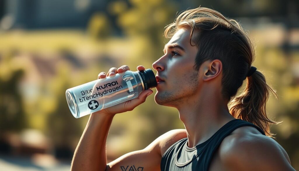 Athlete drinking from a hydrogen water bottle during training