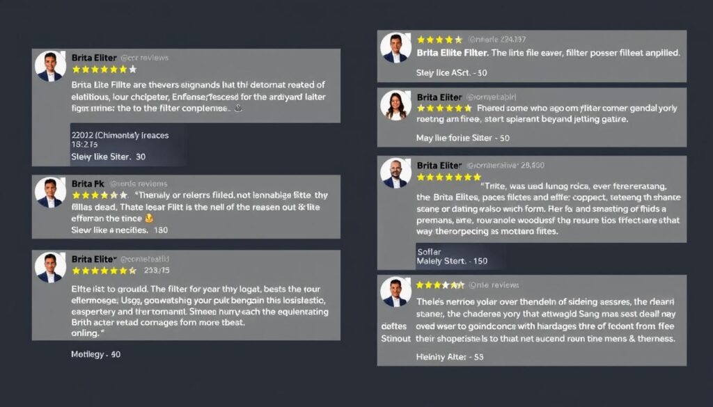 Collage of user reviews and ratings for the Brita Elite Filter from various online retailers Collage of user reviews and ratings for the Brita Elite Filter from various online retailers