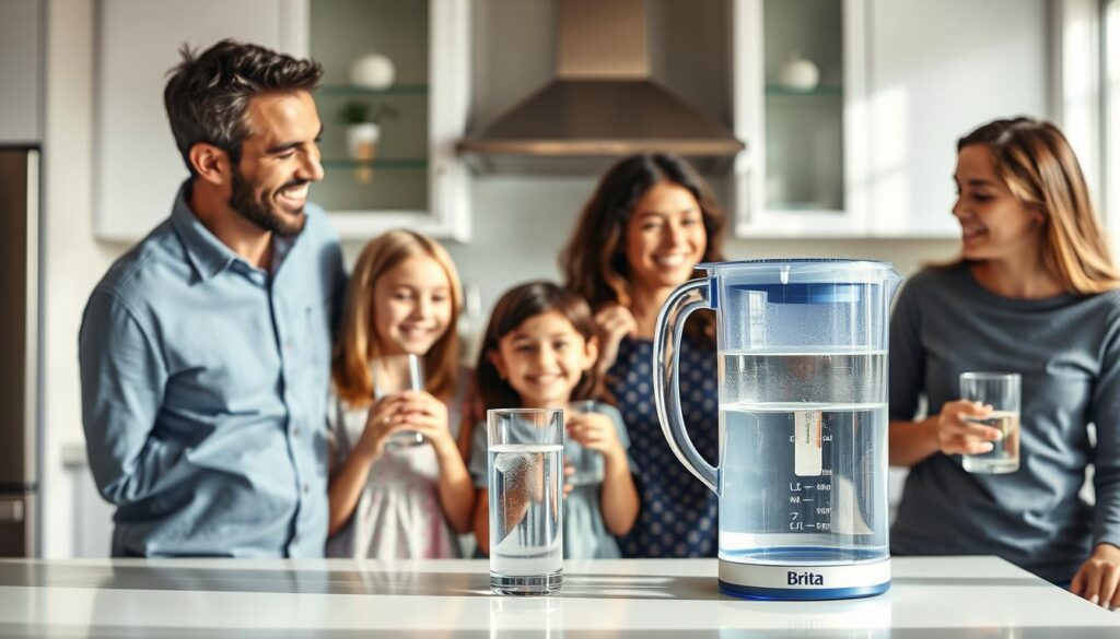 Family enjoying filtered water from a Brita pitcher with Elite Filter in a modern kitchen Family enjoying filtered water from a Brita pitcher with Elite Filter in a modern kitchen