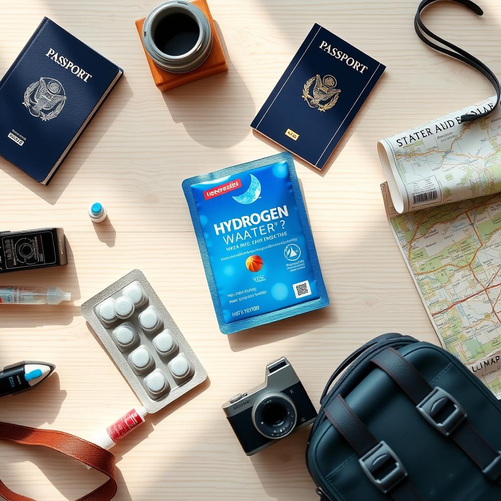 Hydrogen water tablets next to travel essentials