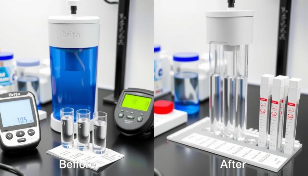 Laboratory testing of Brita Elite Filter showing water quality measurement equipment Laboratory testing of Brita Elite Filter showing water quality measurement equipment