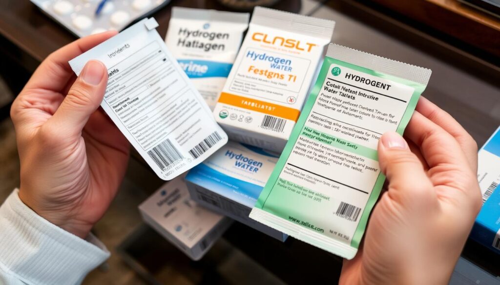 Person comparing different hydrogen water tablet packages