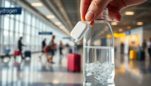 Person dropping a hydrogen water tablet into a water bottle while traveling