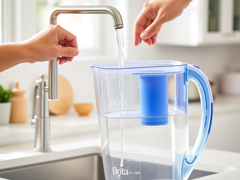 Person pouring water into a Brita pitcher with Elite Filter installed Person pouring water into a Brita pitcher with Elite Filter installed