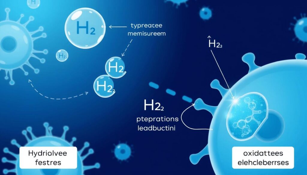 Scientific illustration of hydrogen molecules interacting with cells